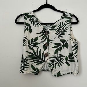 White and green palm linen crop top